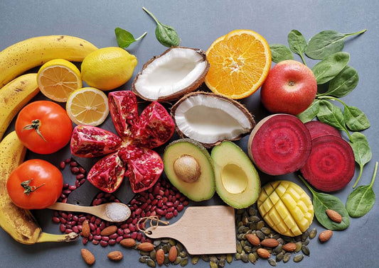 fresh fruits and vegetables on counter