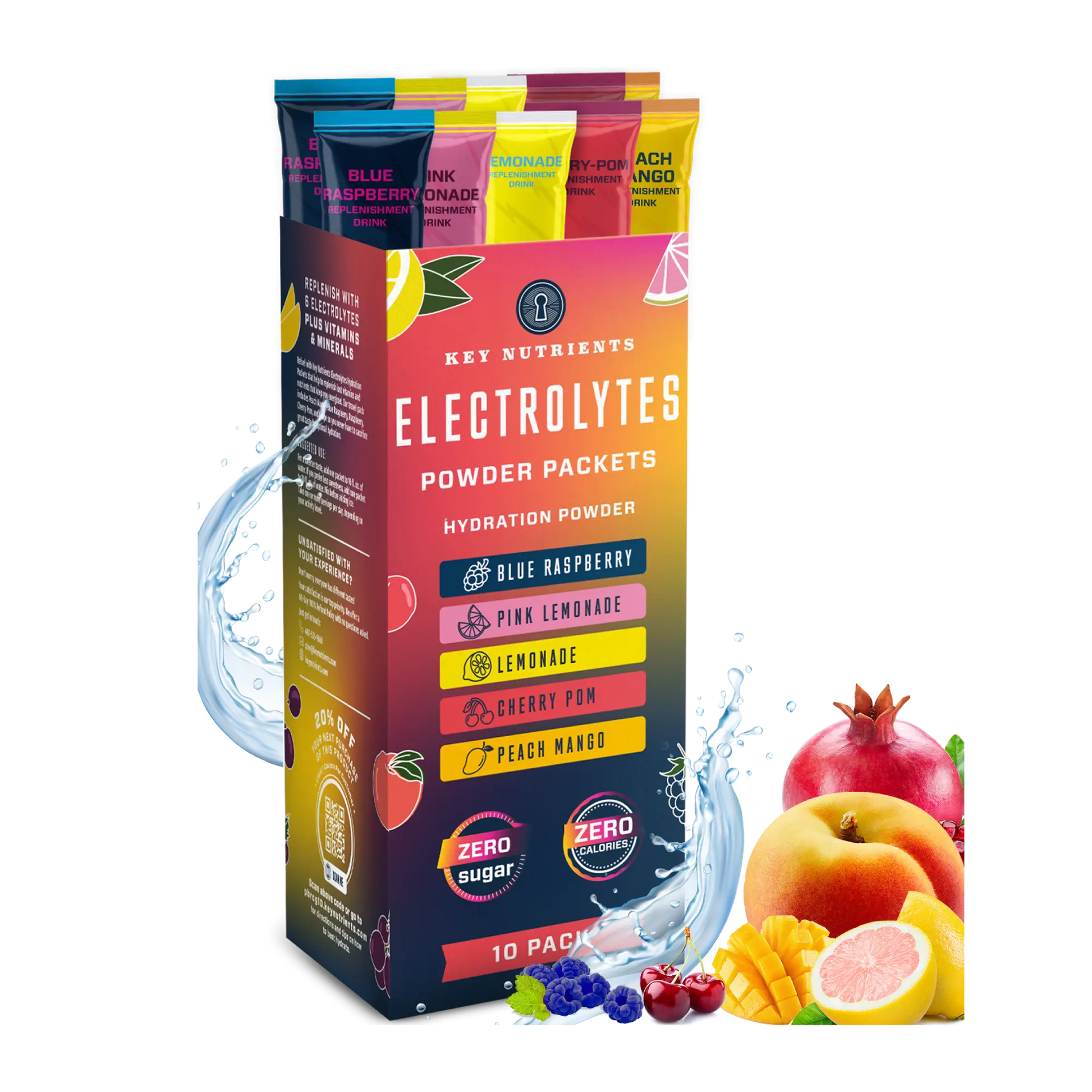 A lively box of Electrolyte Recovery Plus Powder Travel Packets, featuring dynamic fruit illustrations, ideal for hydration and supporting a keto diet.