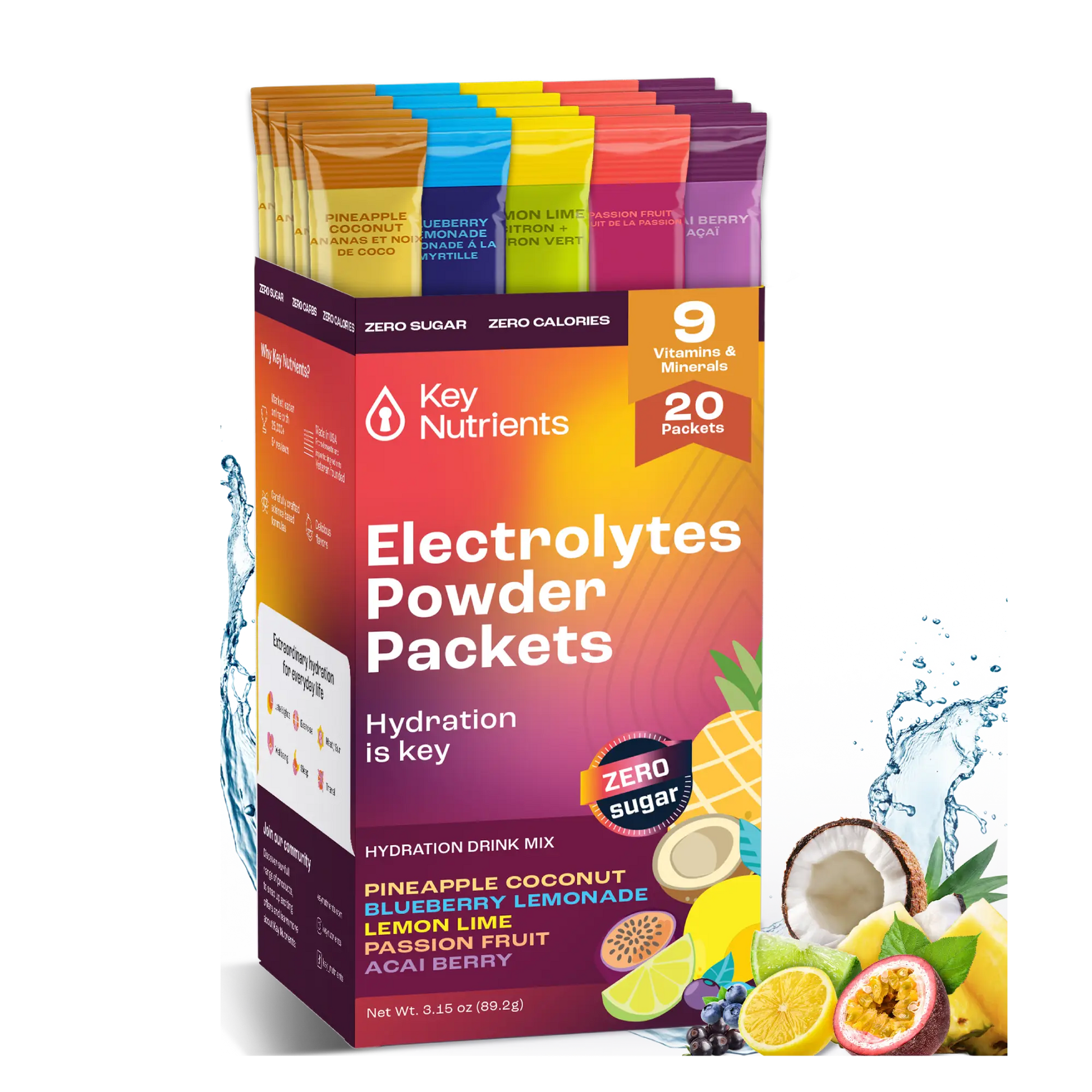 Electrolyte Recovery Plus Powder Travel Packets provide delicious hydration in a variety of flavors, with packaging adorned with fruit illustrations and water splashes—ideal support for those on a keto diet.