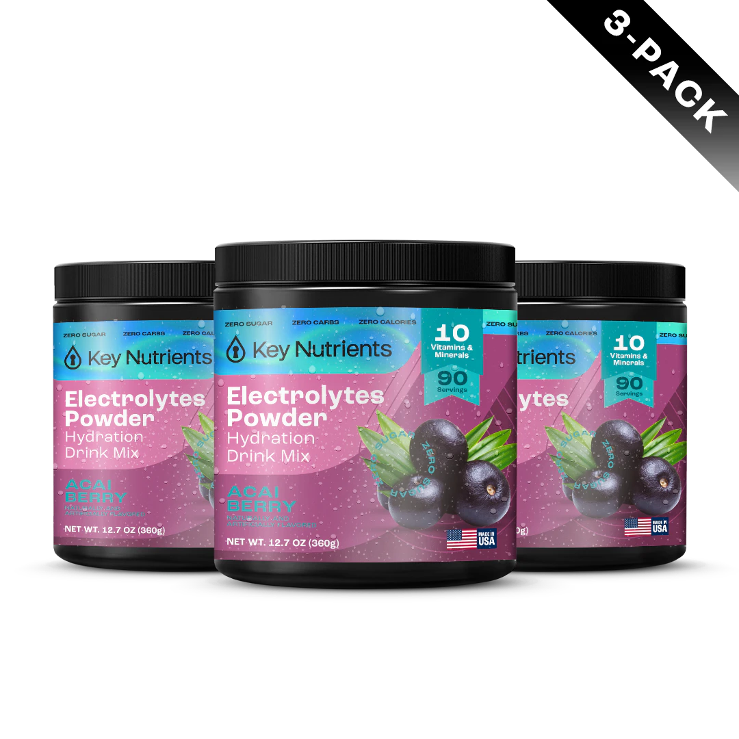 Three jars of Electrolyte Recovery Plus Powder (Sugar-Free Acai Berry), labeled 3-pack.