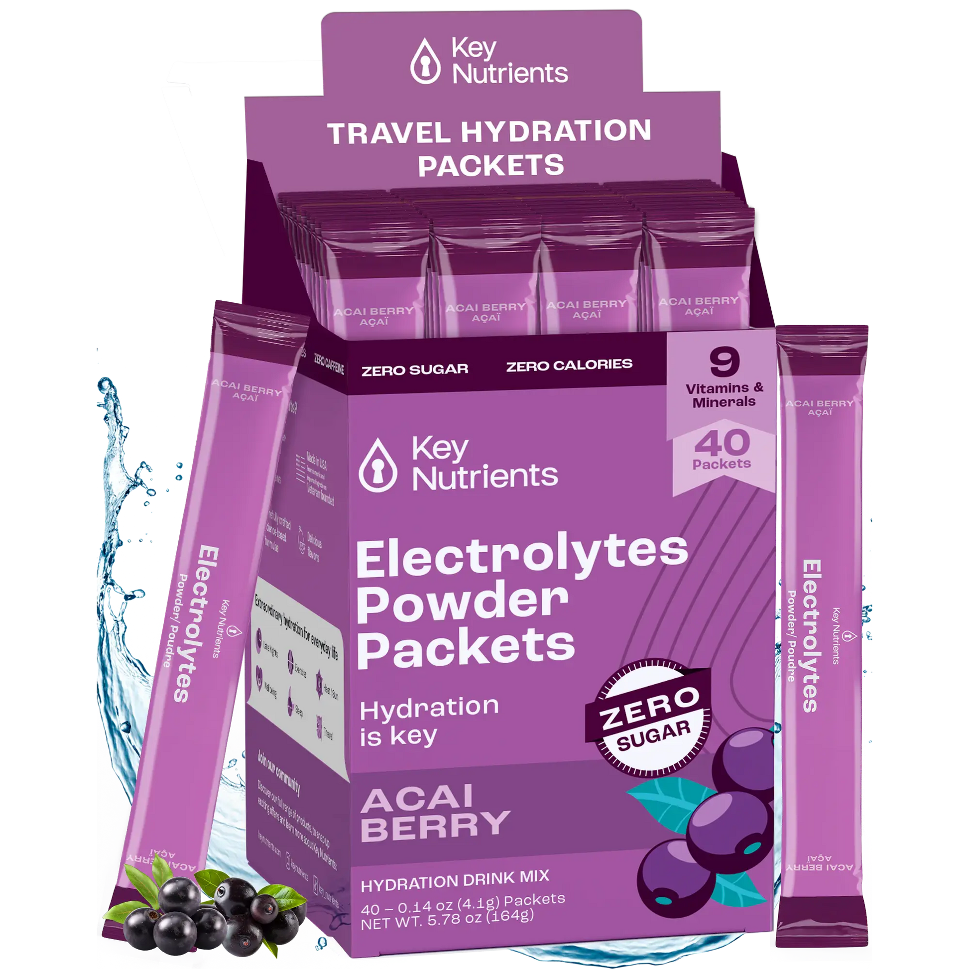 Purple box of Electrolyte Recovery Plus Powder (Sugar-Free) packets, featuring a dynamic berries and water splash graphic, perfect for a keto diet.