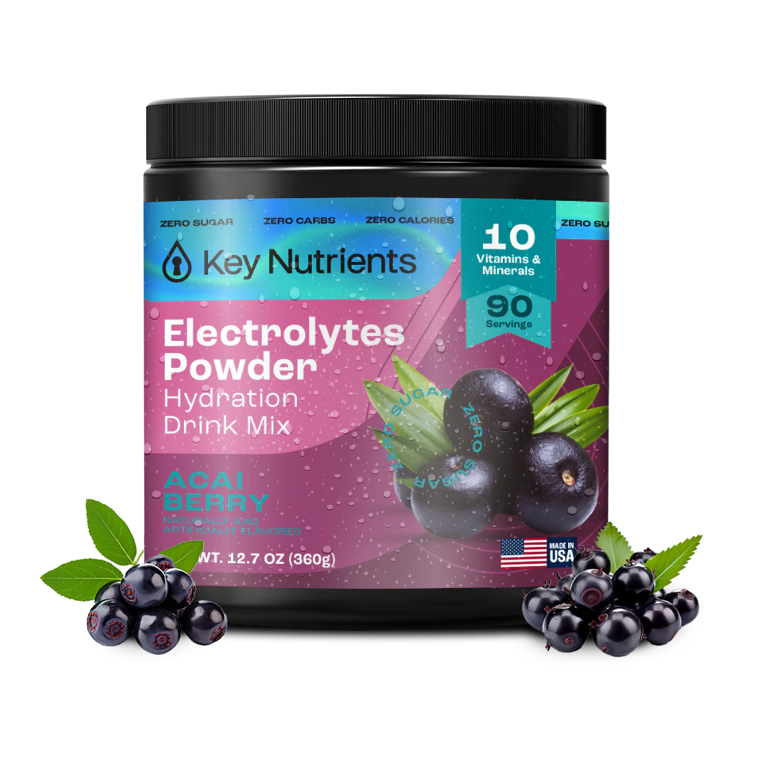Zero-calorie acai-flavored Electrolyte Recovery Plus Powder container for hydration mix.