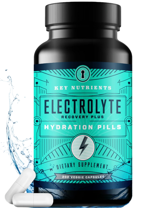 200 capsules A container of Electrolyte Hydration Pills (capsule form) is positioned beside a splash of water and two capsules, ideal for replenishing electrolytes.