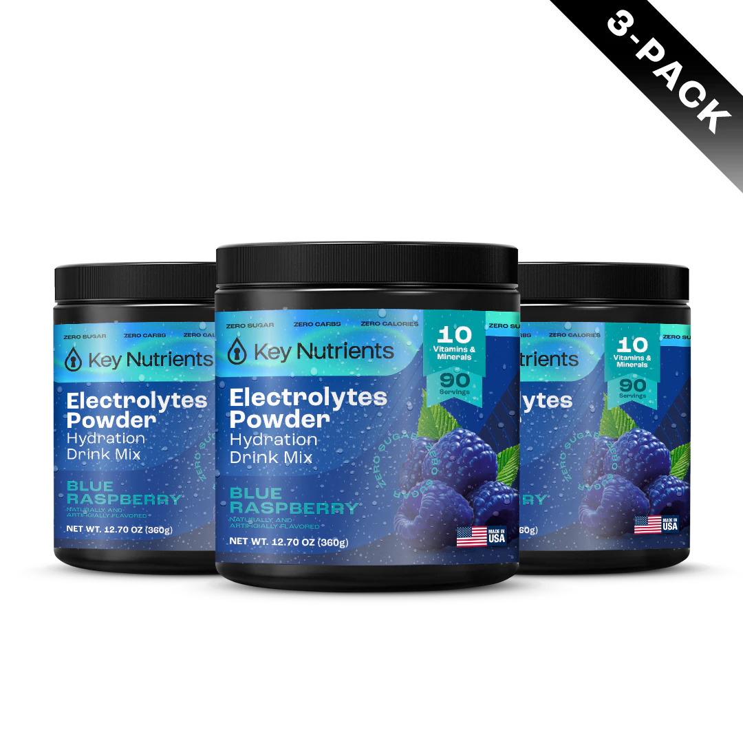 Three containers of Key Nutrients Electrolyte Recovery Plus Powder (Blue Raspberry), a hydrating 3-pack.