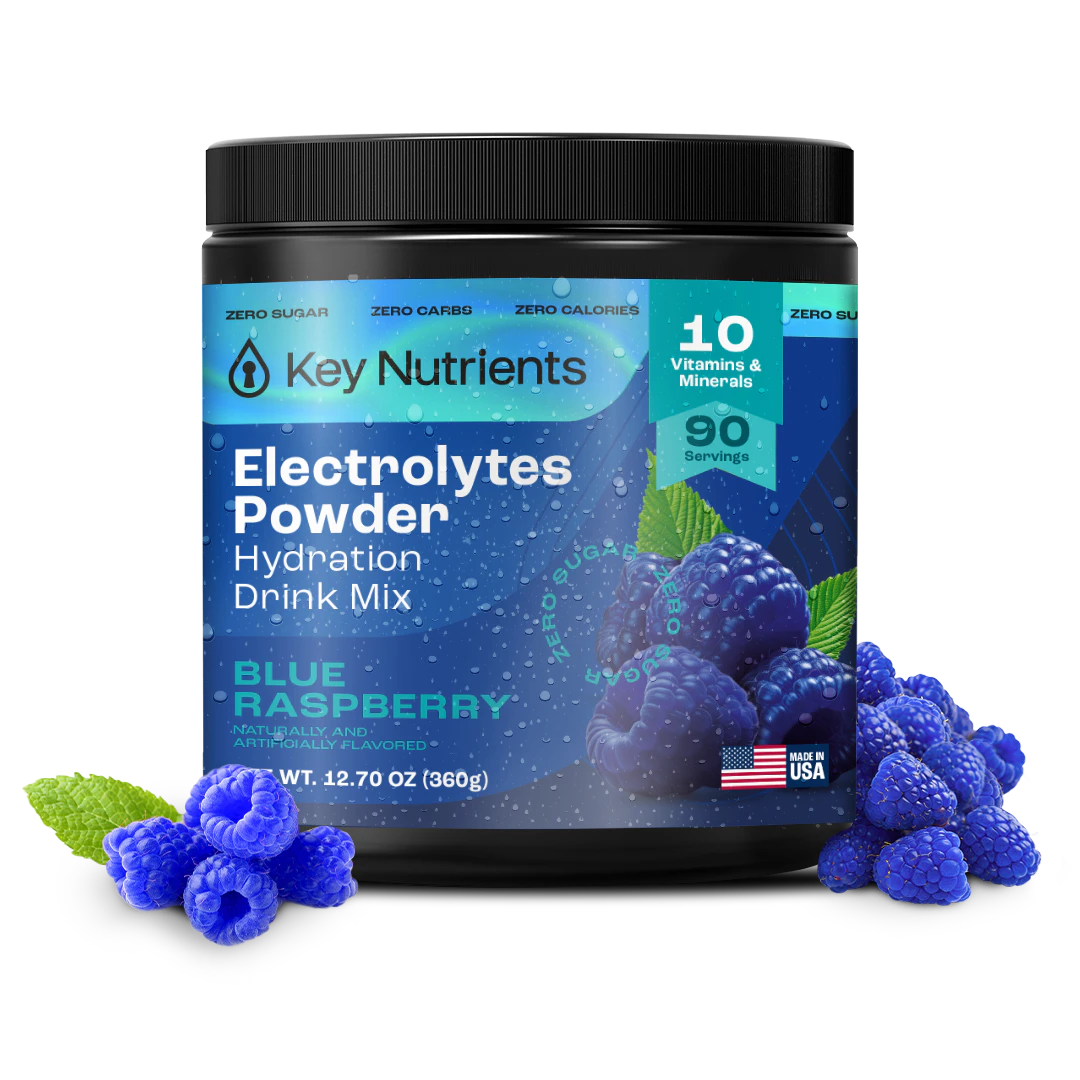 Blue raspberry Electrolyte Recovery Plus Powder (Sugar-Free), featuring raspberries and leaves, 360g.