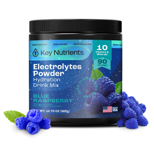 Blue Raspberry - 90 servings Blue raspberry Electrolyte Recovery Plus Powder (Sugar-Free), featuring raspberries and leaves, 360g.