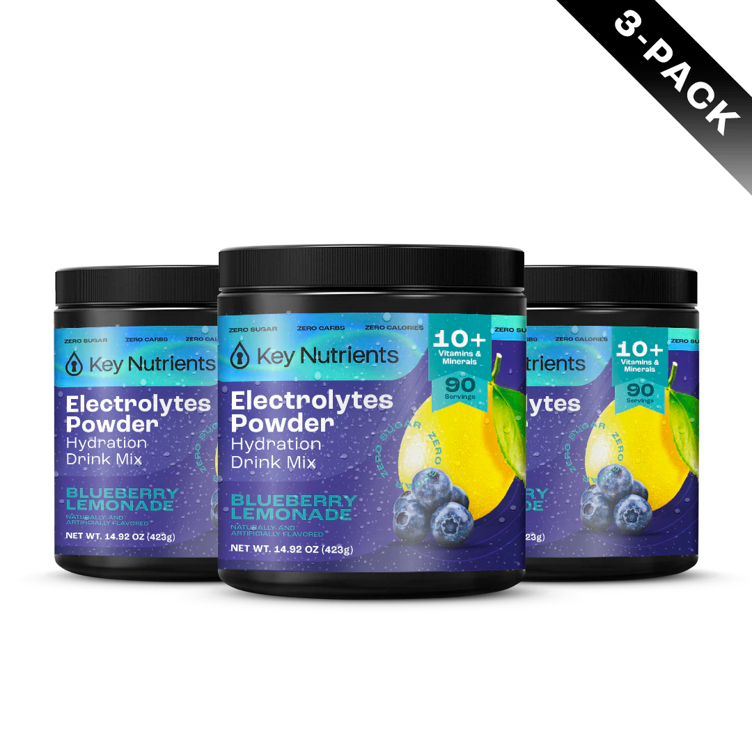 Three jars of Electrolyte Recovery Plus Powder, a blueberry lemonade hydration drink with real fruit zest.