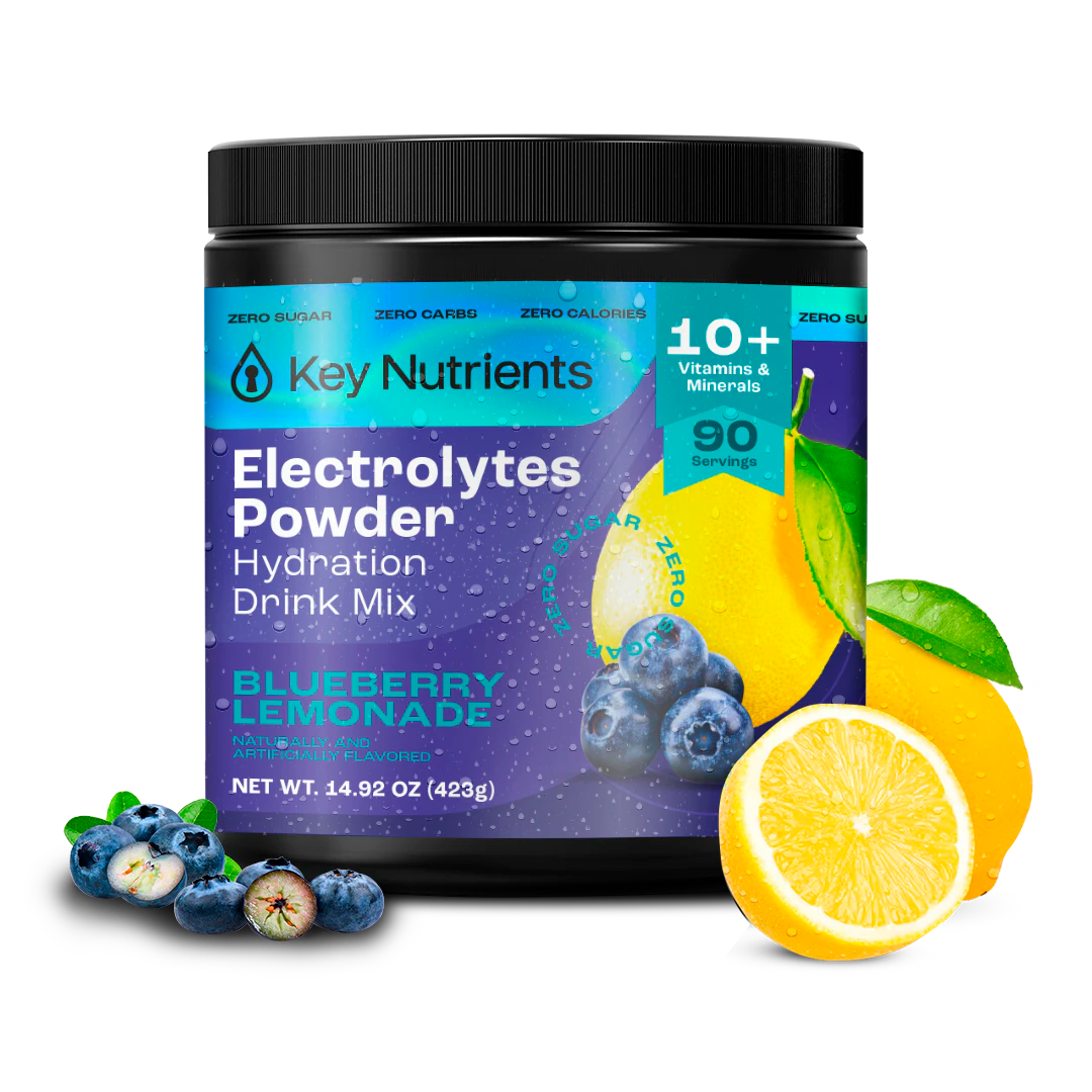 Key Nutrients Electrolyte Recovery Plus with blueberry and lemon graphics, Blueberry Lemonade flavor.