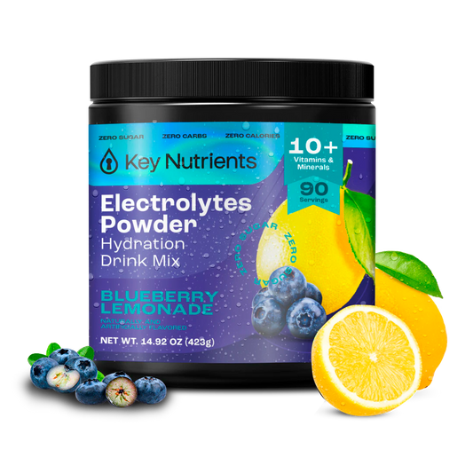 Blueberry Lemonade - 90 servings Key Nutrients Electrolyte Recovery Plus with blueberry and lemon graphics, Blueberry Lemonade flavor.
