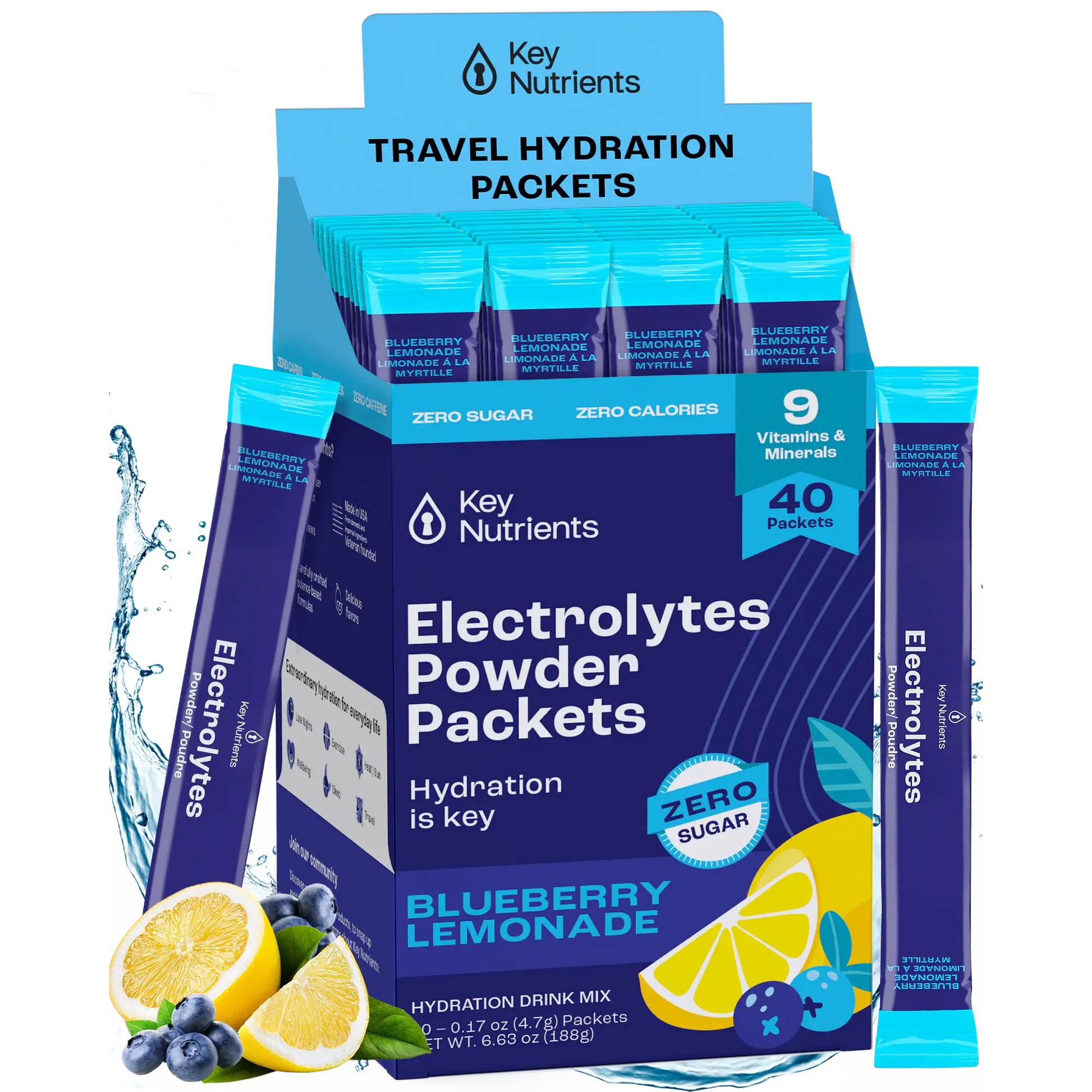 Box of Electrolyte Recovery Plus Powder packets in blueberry lemonade flavor, featuring lemons and blueberries, perfect for a refreshing hydration drink. Keto diet friendly, these sugar-free packets offer a delicious way to replenish essential minerals.