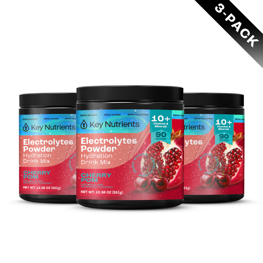 Three containers of Electrolyte Recovery Plus Powder (Sugar-Free), Key Nutrients Cherry Pom, 3-pack.