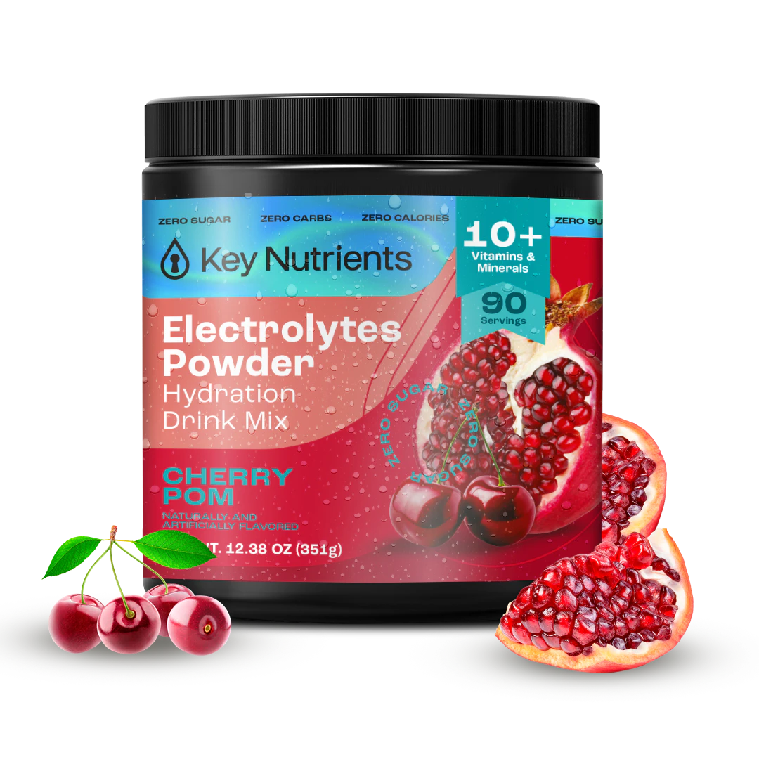 Electrolyte Recovery Plus (Sugar-Free) with cherry and pomegranate images on a reflective surface.