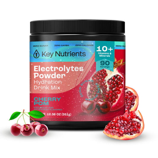 Cherry Pom - 90 servings Electrolyte Recovery Plus (Sugar-Free) with cherry and pomegranate images on a reflective surface.