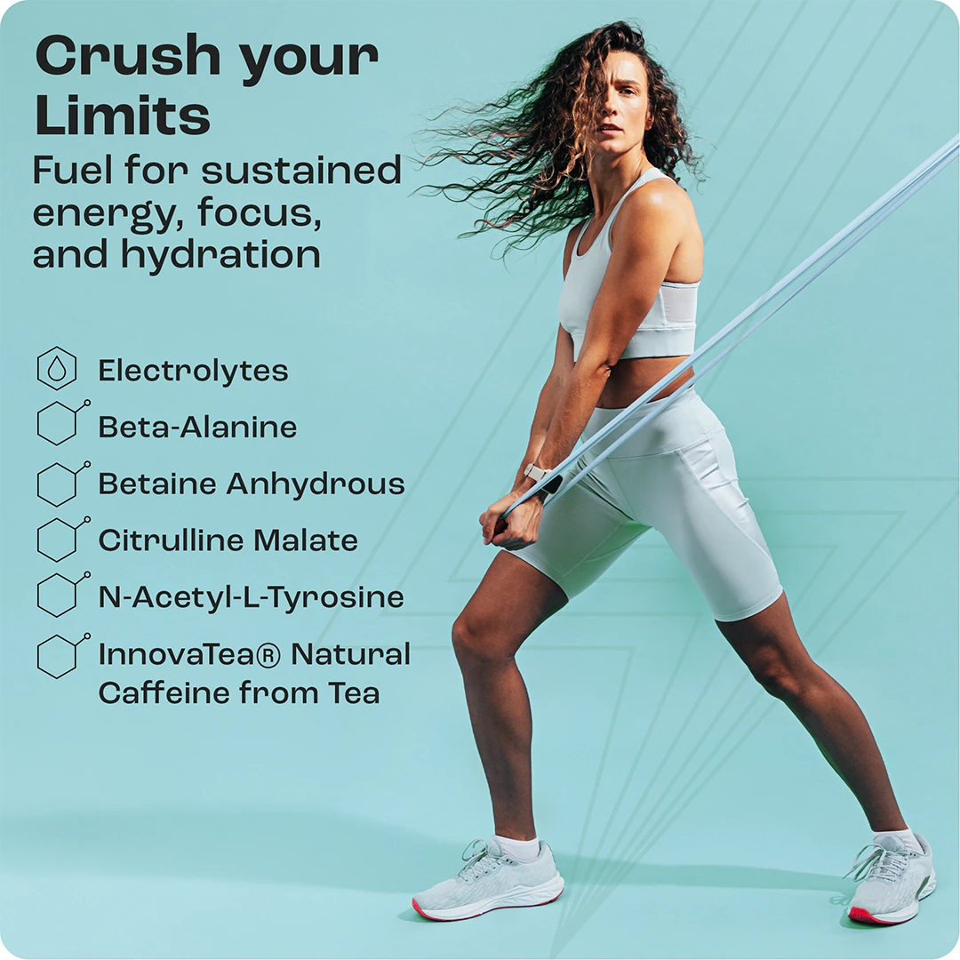 Athletic woman exercising with resistance bands highlighting Pre-Workout Powder with Electrolytes for benefits.