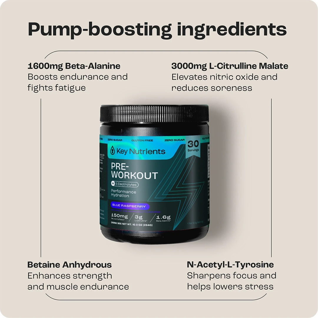 Jar of Pre-Workout Powder with Electrolytes, featuring pump-boosting matcha green tea powder.