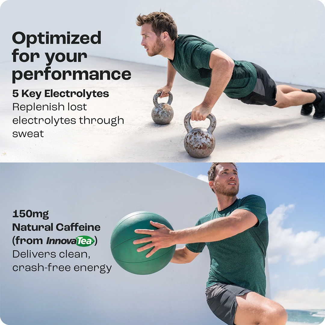 Man doing kettlebell push-ups, holding a medicine ball; text on Pre-Workout Powder with Electrolytes and matcha.