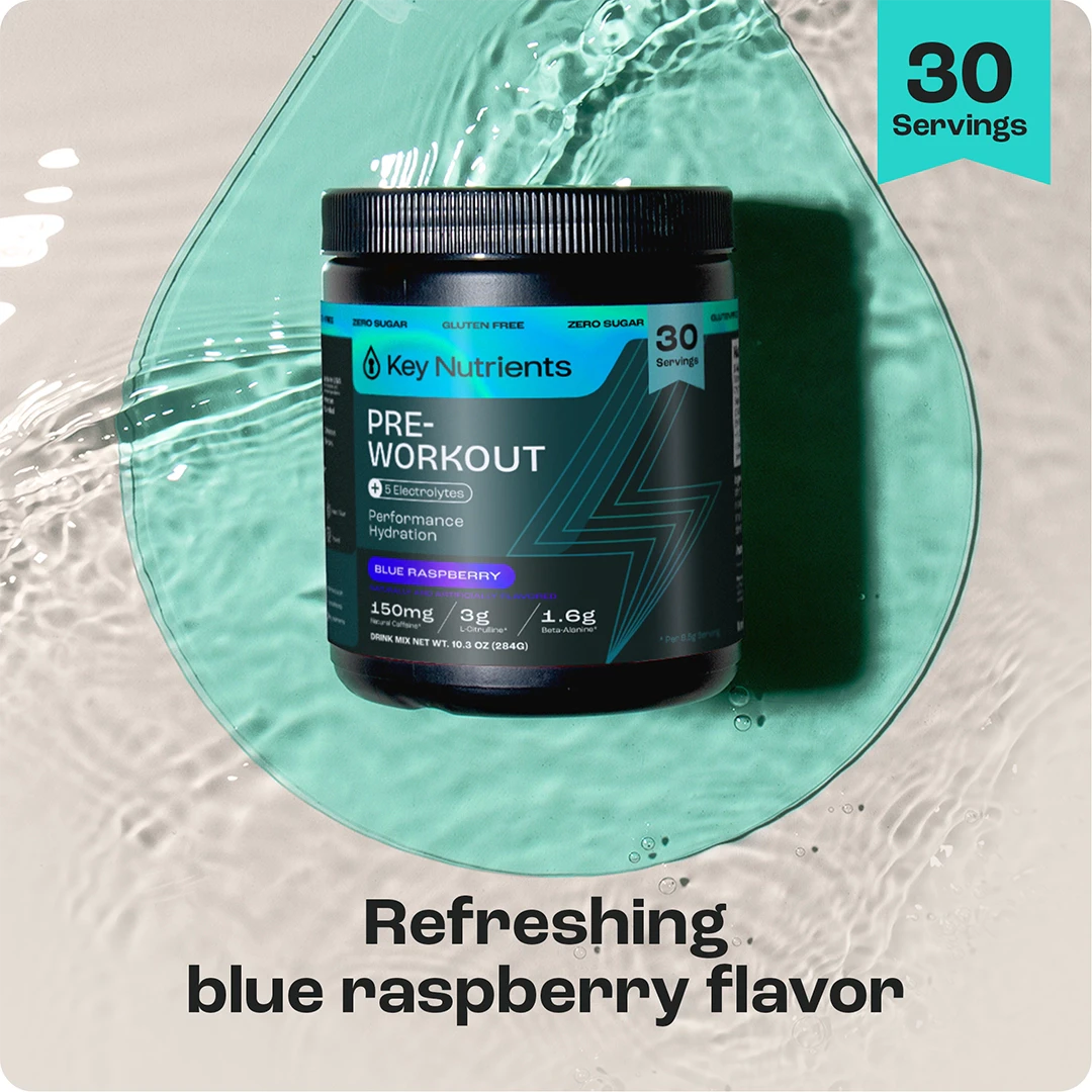 Teal/black Pre-Workout Powder with Electrolytes floats on water, Refreshing blue raspberry flavor.