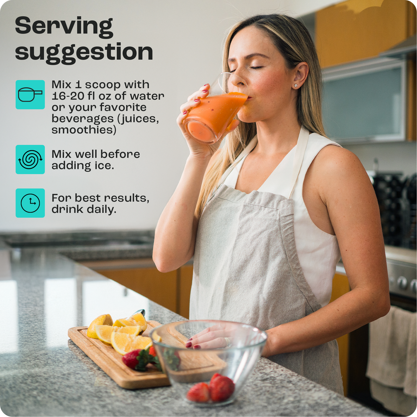 Woman in kitchen drinks Collagen Peptides with Electrolytes Powder; cut fruits, instructions nearby.