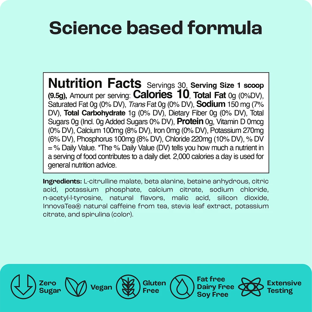 Pre-Workout Powder with Electrolytes: Science formula, Matcha Green Tea, zero sugar, gluten-free, soy-free.