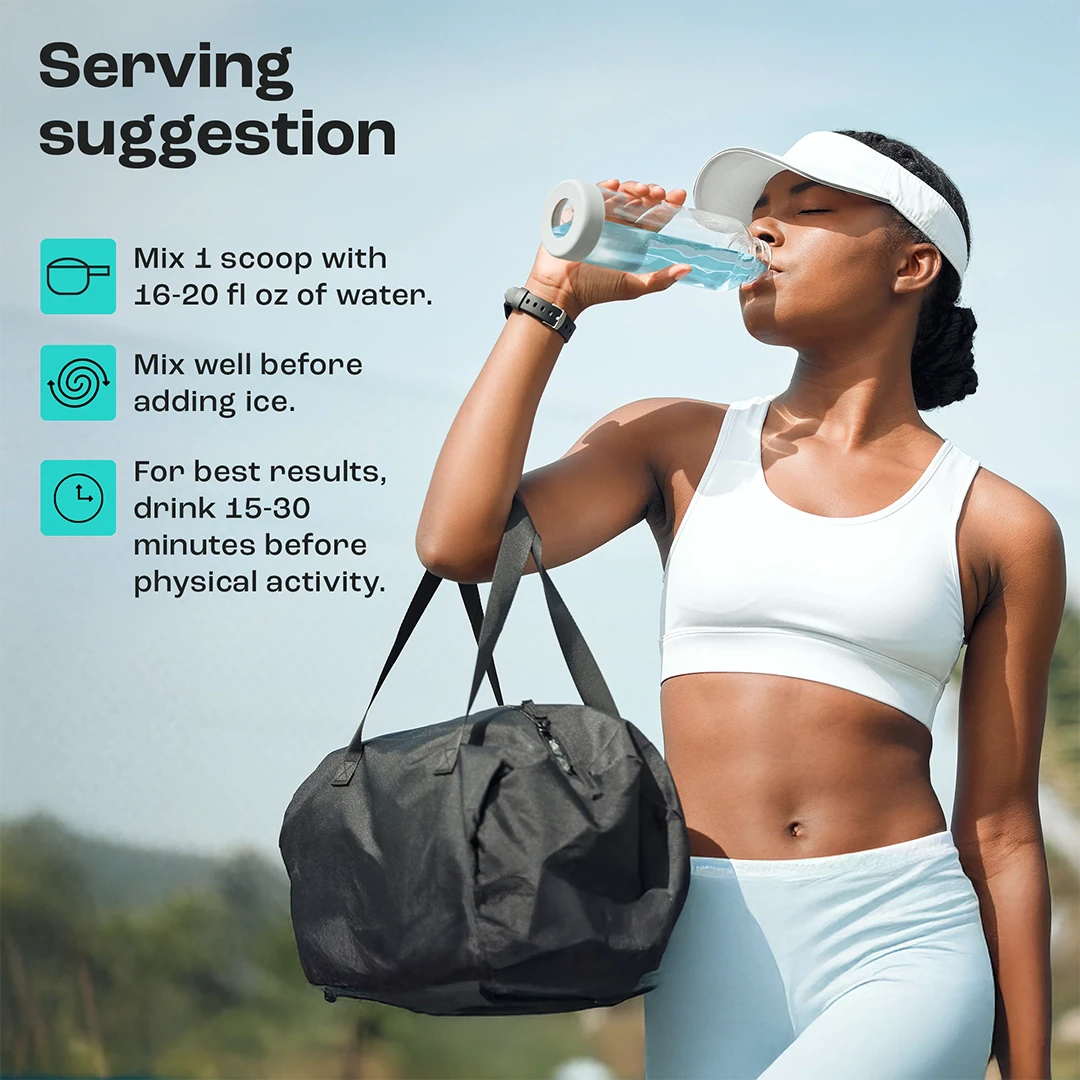 Woman in athletic wear sipping Pre-Workout Powder with Electrolytes, holding a gym bag. Energy boost ideas nearby.