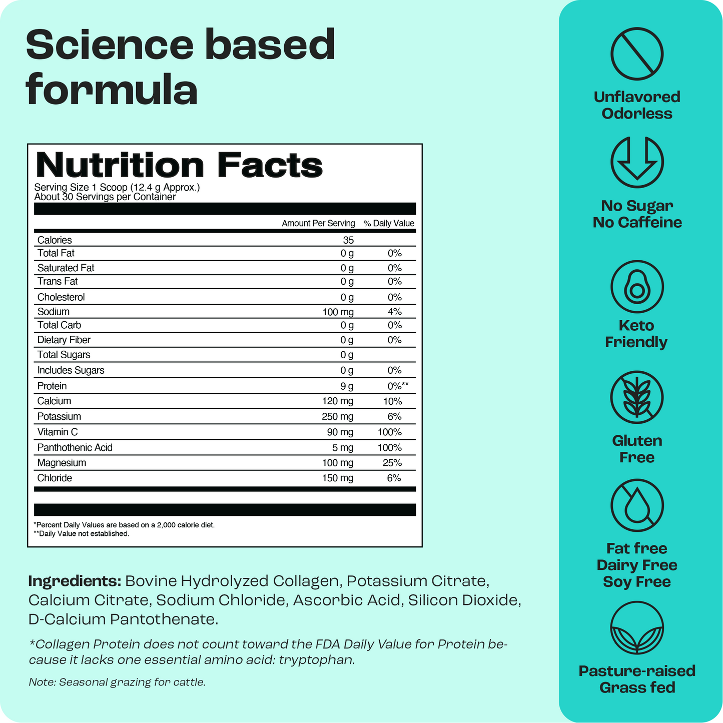 Collagen Peptides with Electrolytes: keto, fat free, sugar free, pasture-raised collagen peptides.