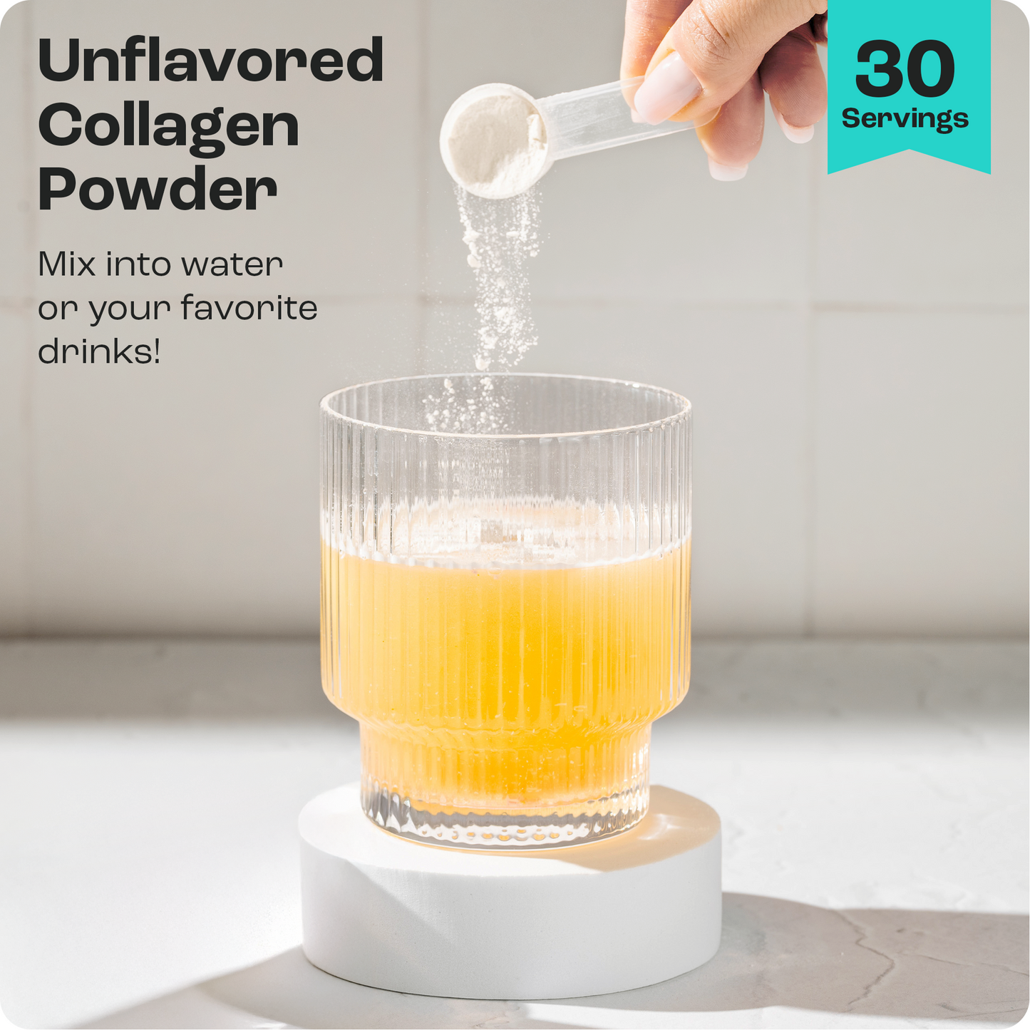 Pour Collagen Peptides with Electrolytes Powder into a Vitamin C drink; 30 servings per pack.