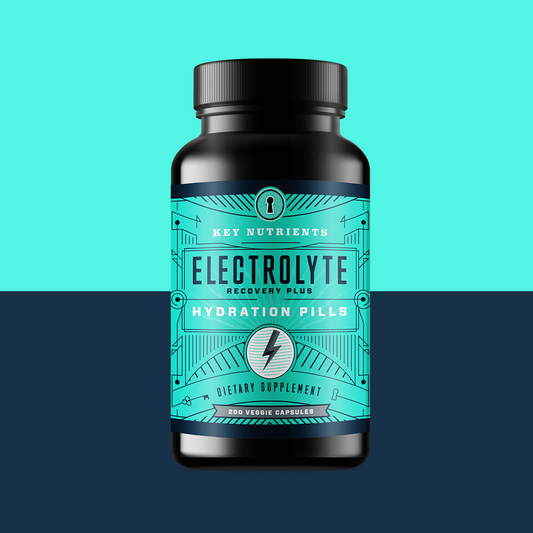 A blue bottle featuring decorative lines and patterns, labeled Electrolyte Hydration Pills in capsule form, promises optimal recovery.