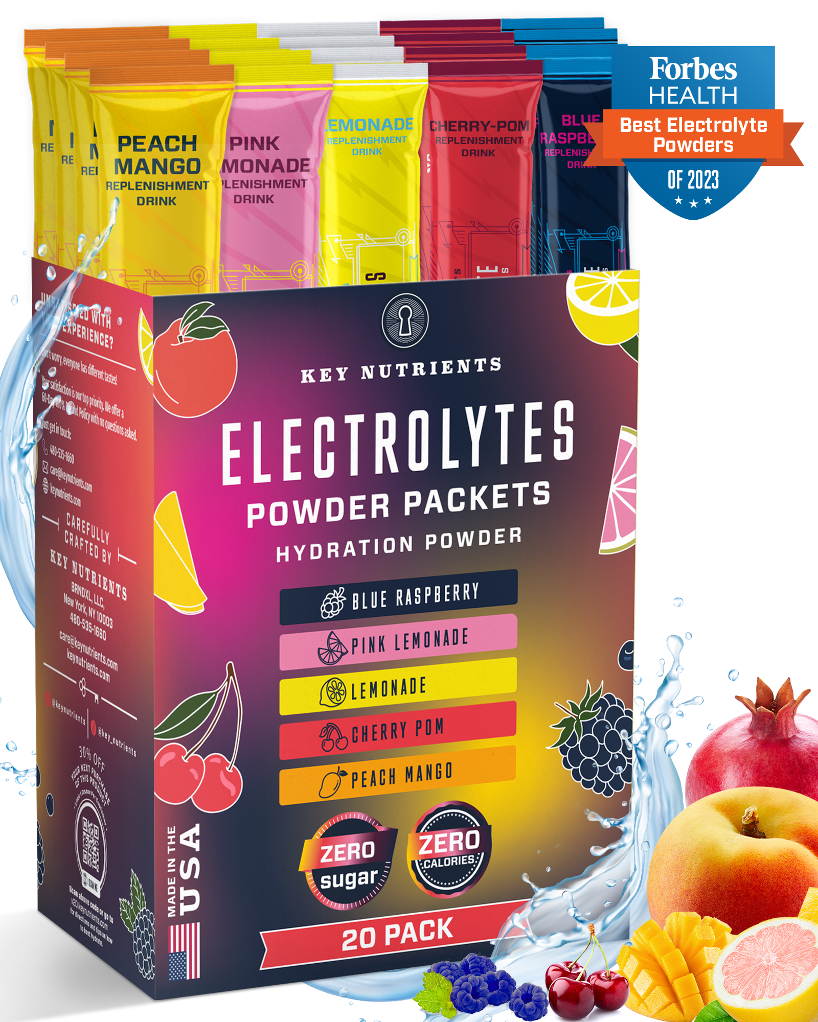 Vibrant packets of Electrolyte Recovery Plus Powder Travel Packets (Old), ideal for the keto diet, featuring luscious fruits adorning the packaging.