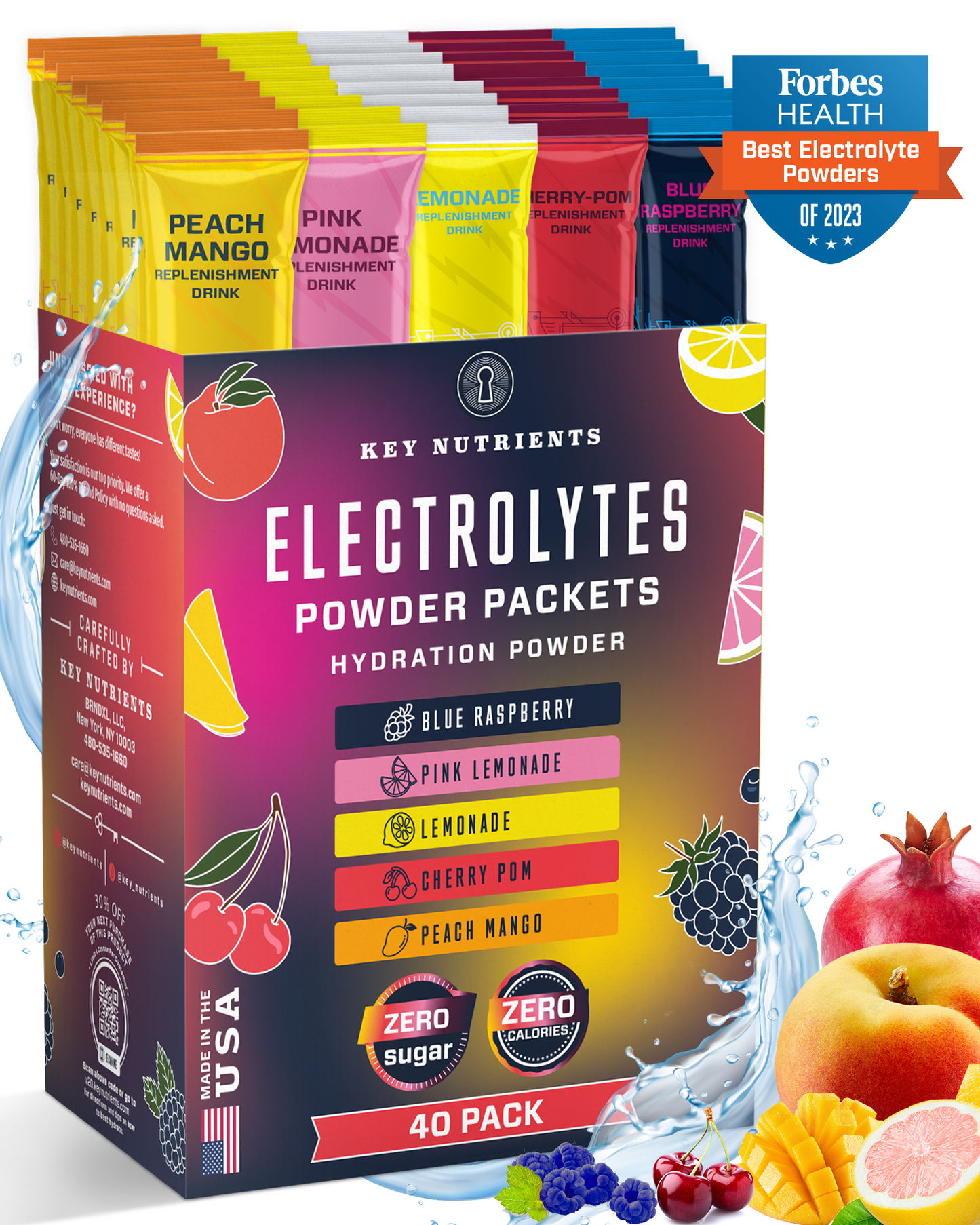 The Electrolyte Recovery Plus Powder Travel Packets (Old) come in a lively box, ideal for keto dieters. They offer a variety of fruit flavors and prominently feature a Forbes Health award badge, making them perfect for enhancing hydration with every sip.