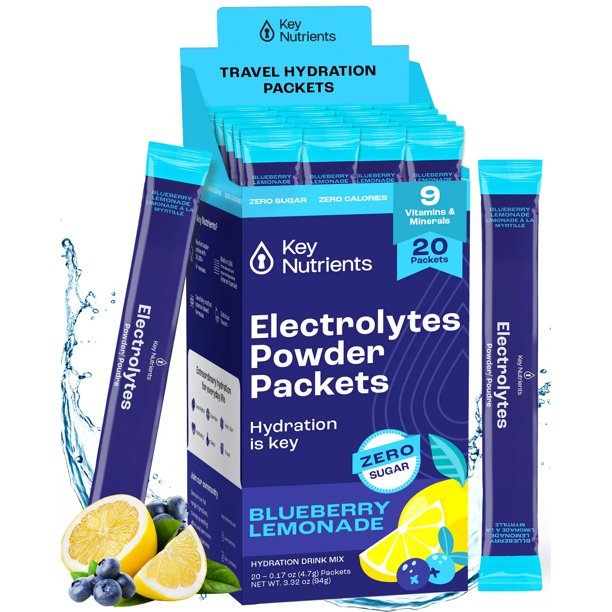 Electrolyte Recovery Plus Powder (Sugar-Free), ideal for a keto diet, features vibrant lemons and blueberries on the packaging. Perfect as a hydration drink, these convenient packets keep you refreshed and balanced.