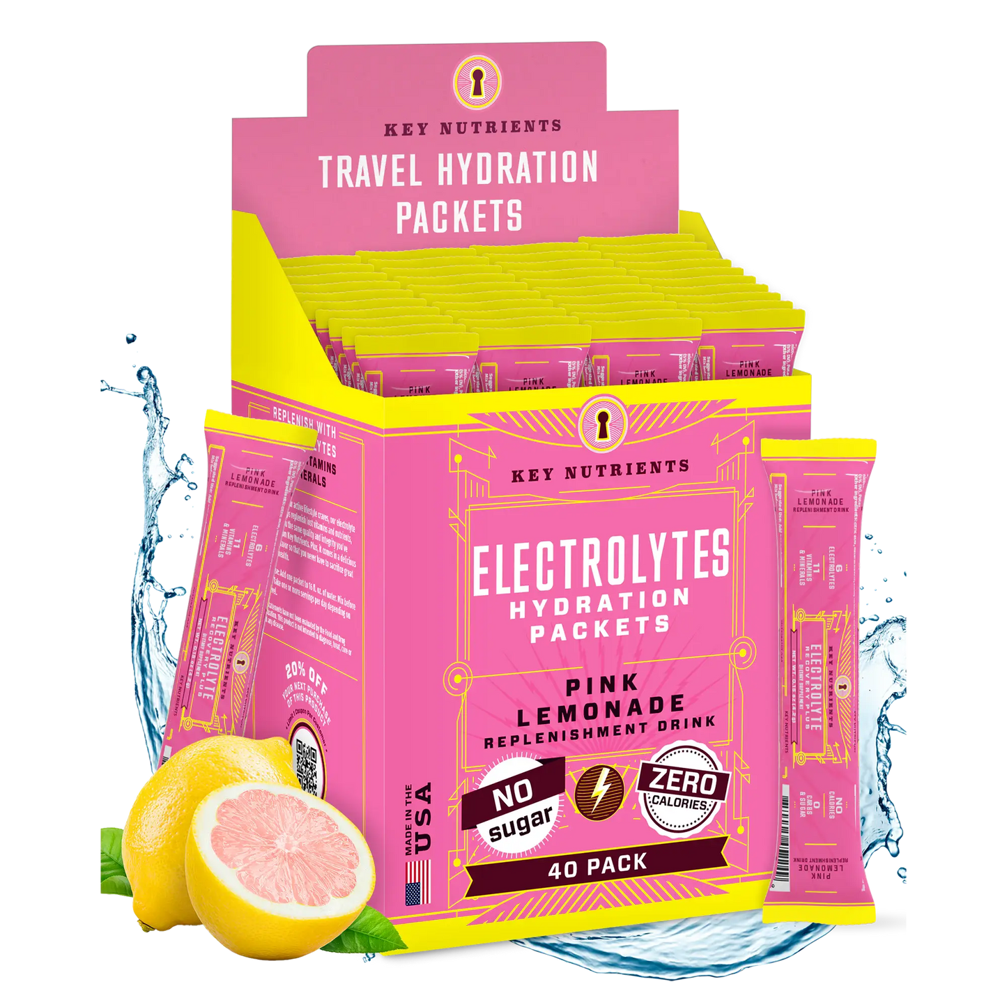 The Electrolyte Recovery Plus Powder (Sugar-Free) box, adorned with hydration packets next to a freshly cut lemon, provides a refreshing and keto diet-friendly hydration drink option.