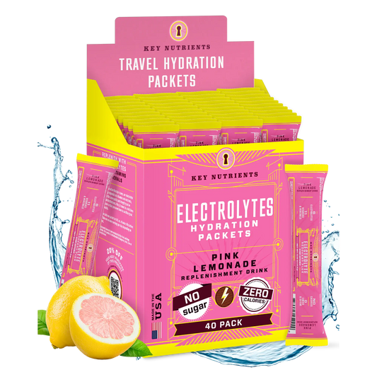 Pink Lemonade - 40 servings The Electrolyte Recovery Plus Powder (Sugar-Free) box, adorned with hydration packets next to a freshly cut lemon, provides a refreshing and keto diet-friendly hydration drink option.