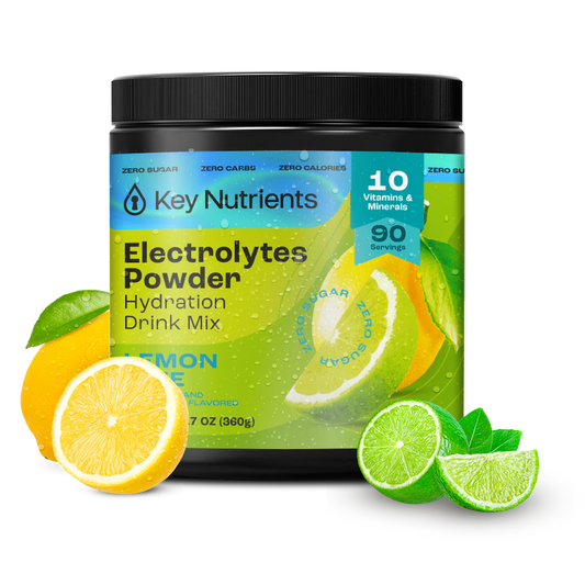 Lemon Lime - 90 servings Container of Electrolyte Recovery Plus Powder (Sugar-Free) with fresh lemon and lime slices beside it.