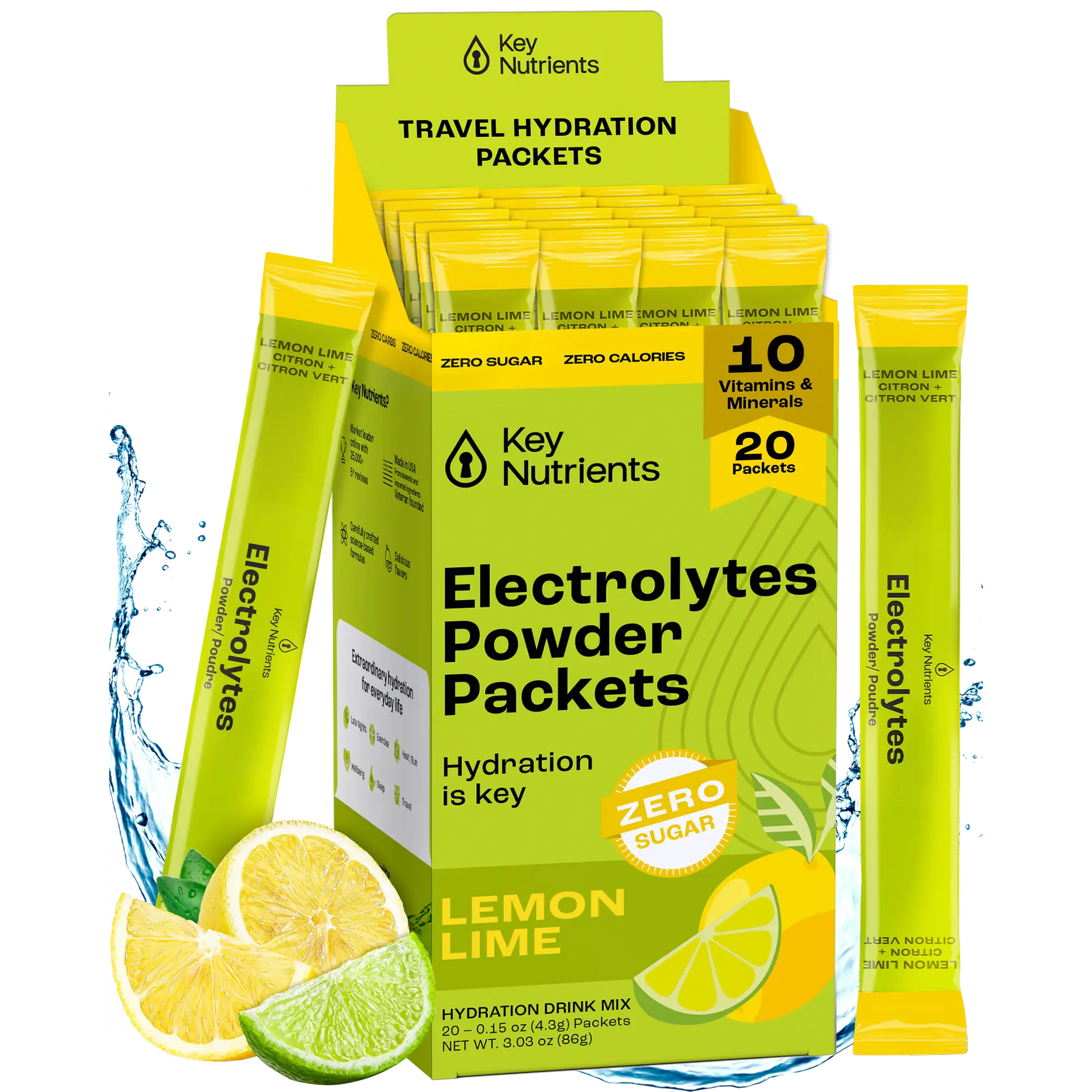 The Electrolyte Recovery Plus Powder (Sugar-Free), ideal for a keto diet, offers a refreshing lemon lime flavor. Displayed attractively with sliced lemons and limes, this hydration solution is perfect for those looking to achieve balance and rejuvenation.