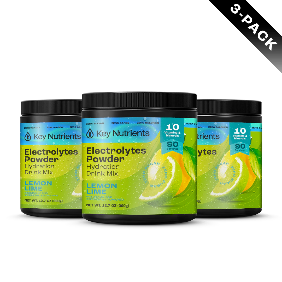 Three containers of Electrolyte Recovery Plus Powder, Lemon Lime flavor, with a 3-pack label.