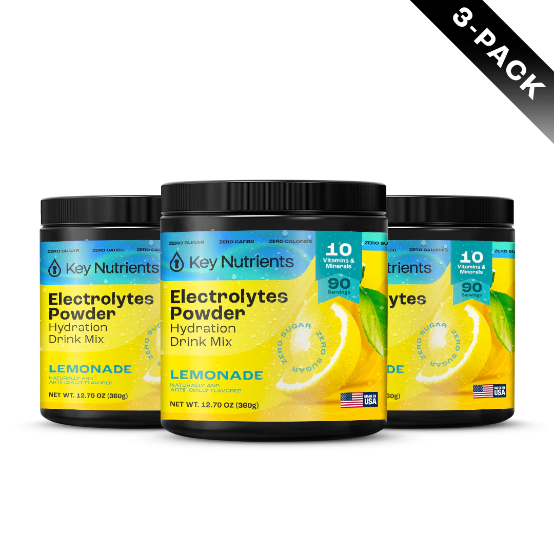 Three packs of Electrolyte Recovery Plus Powder, a sugar-free hydration drink (Lemonade flavor).