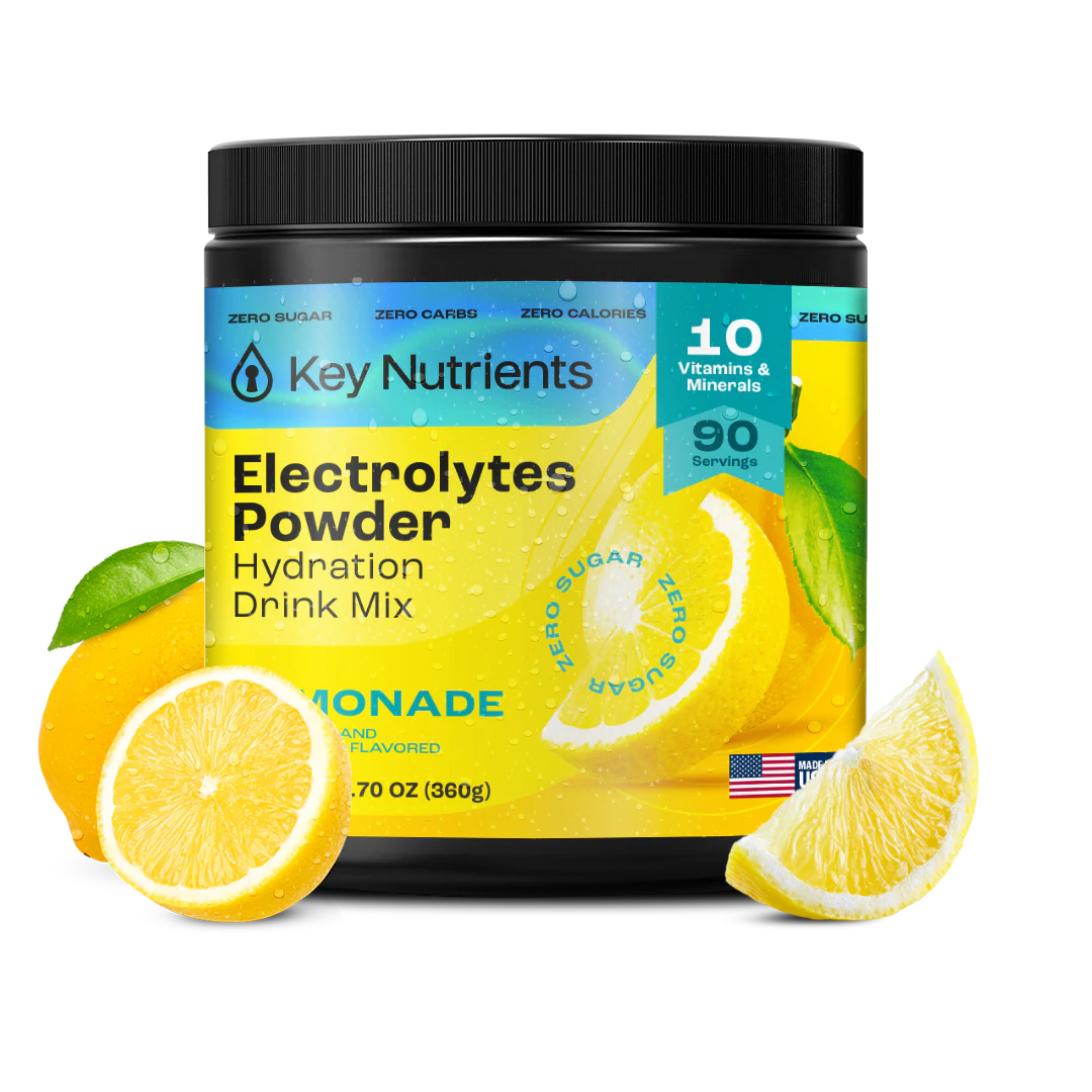 Electrolyte Recovery Plus Powder, sugar-free & keto-friendly with sliced lemons.
