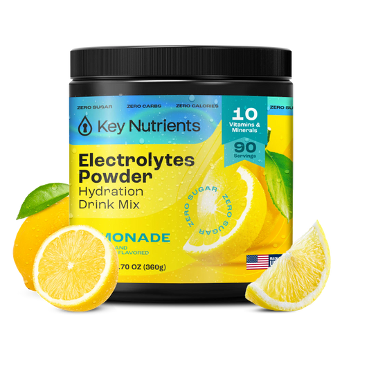 Lemonade - 90 servings Electrolyte Recovery Plus Powder, sugar-free & keto-friendly with sliced lemons.