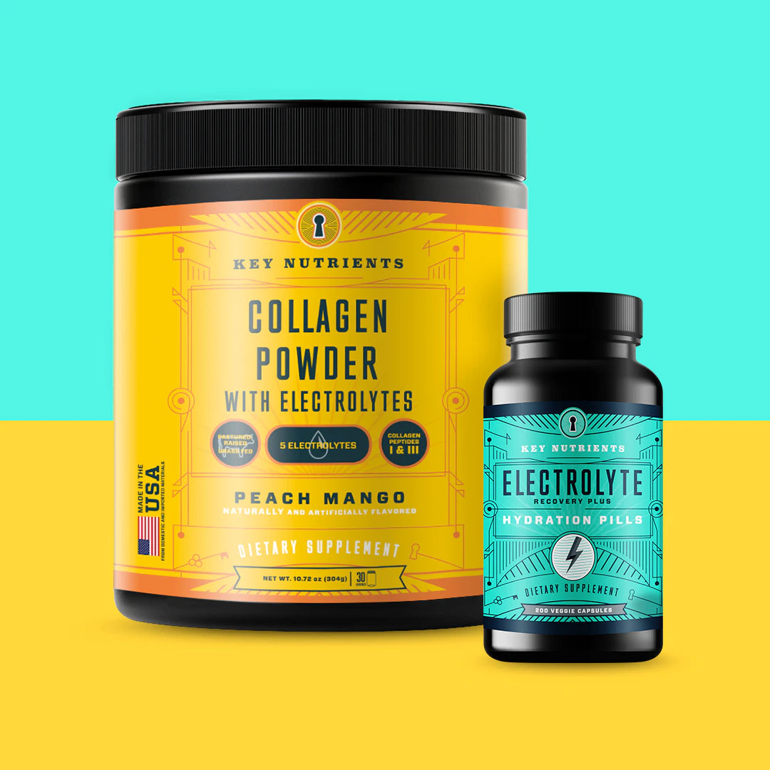 A Beauty Kit containing collagen powder and electrolyte hydration pills, displayed against a striking yellow and teal background.