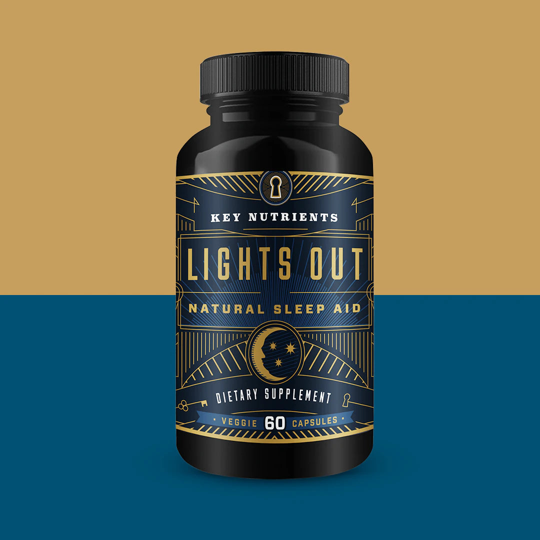Bottle of Lights Out Sleep Aid, a natural supplement with melatonin and GABA, offering 60 veggie capsules.