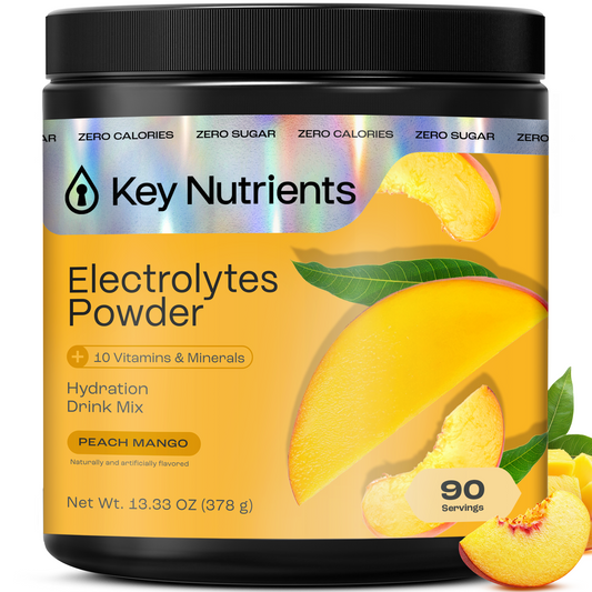 Peach Mango - 90 servings A container of Electrolyte Recovery Plus Powder (Sugar-Free), peach mango flavor, with fruit images.