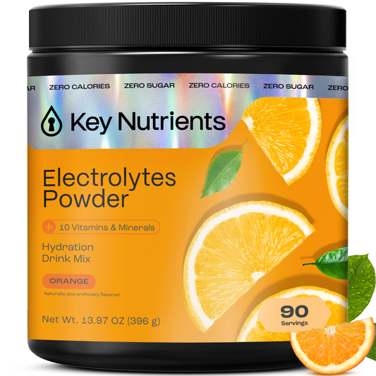 Orange - 90 servings A container of Electrolyte Recovery Plus Powder (Sugar-Free), orange flavor, with orange slice images.