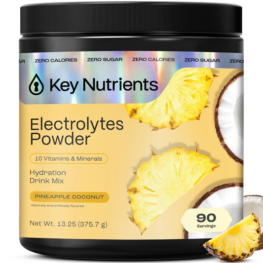 Pineapple Coconut - 90 servings A container of Electrolyte Recovery Plus Powder (Sugar-Free) in Pineapple Coconut flavor with fresh pineapple.