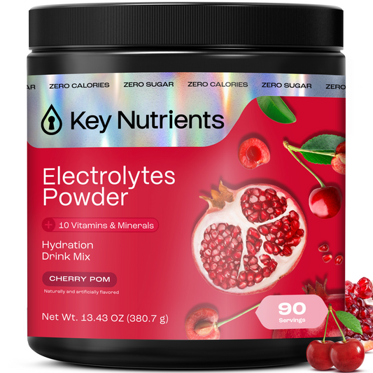 Cherry Pom - 90 servings A container of Electrolyte Recovery Plus Powder (Sugar-Free) with images of cherries and pomegranate.
