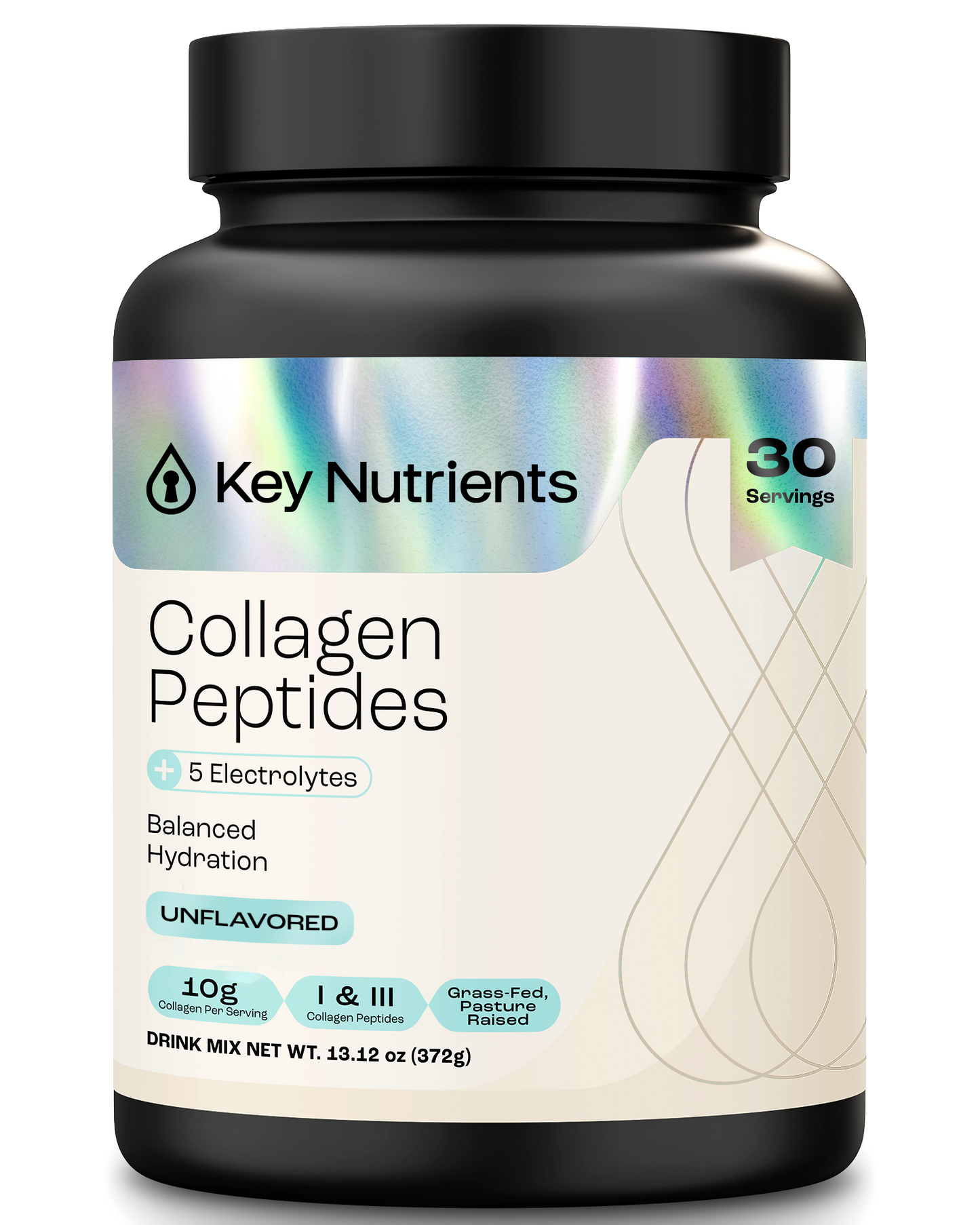 Black bottle of Collagen Peptides with Electrolytes Powder, unflavored, 30 servings.