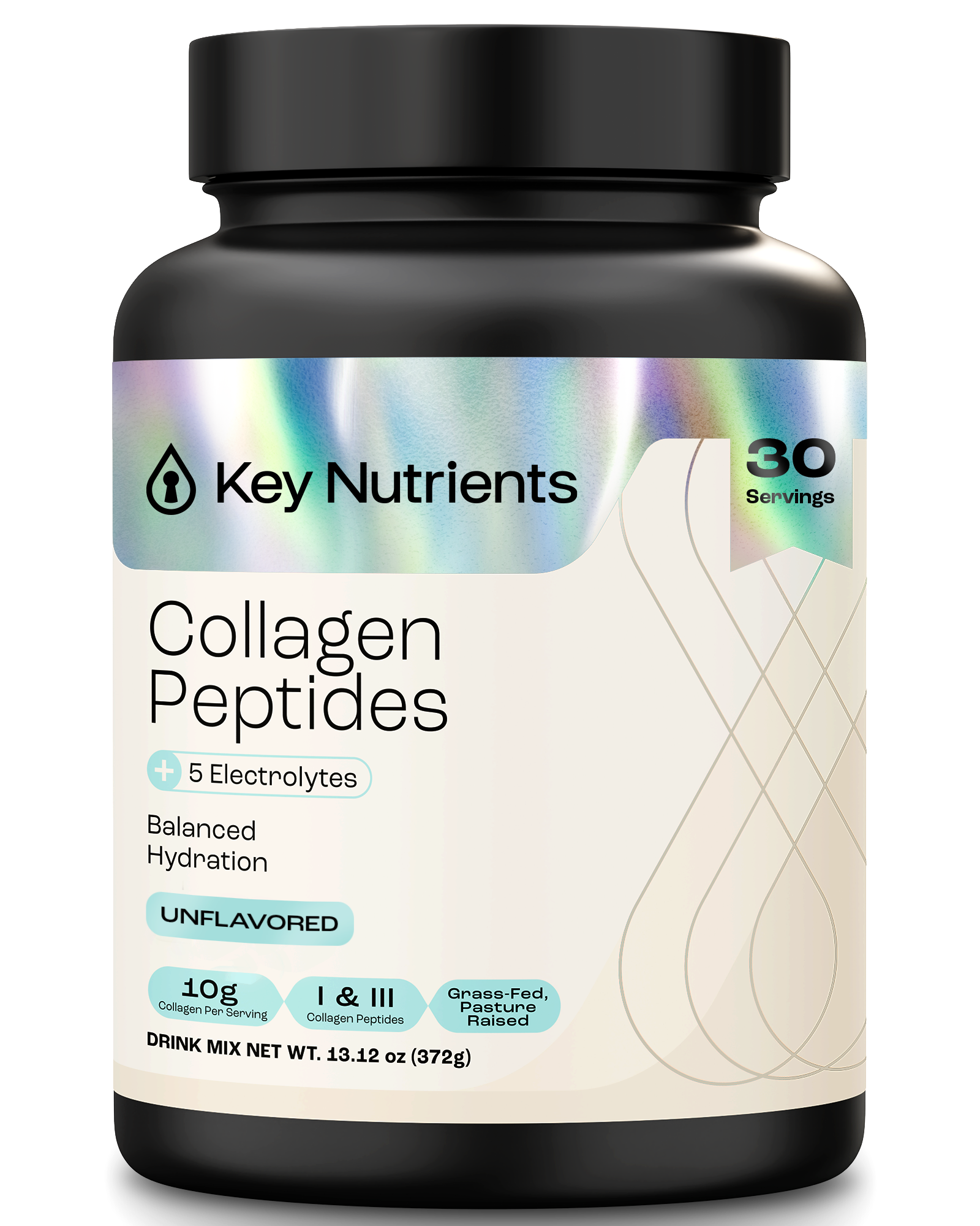 Black bottle of Collagen Peptides with Electrolytes Powder, unflavored, 30 servings.