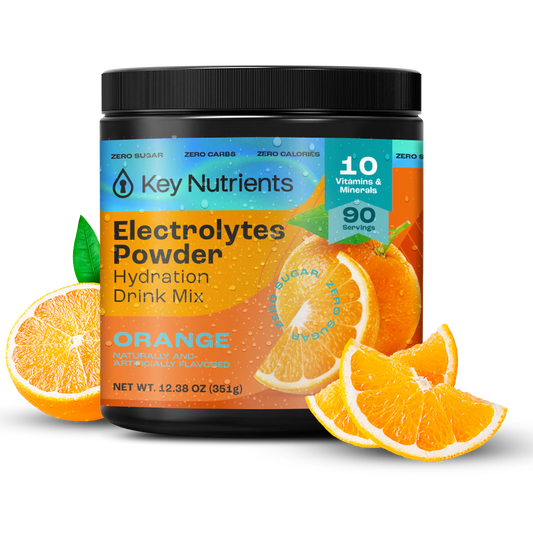Orange - 90 servings Jar of orange Electrolyte Recovery Plus Powder, a sugar-free drink, garnished with slices and leaves.