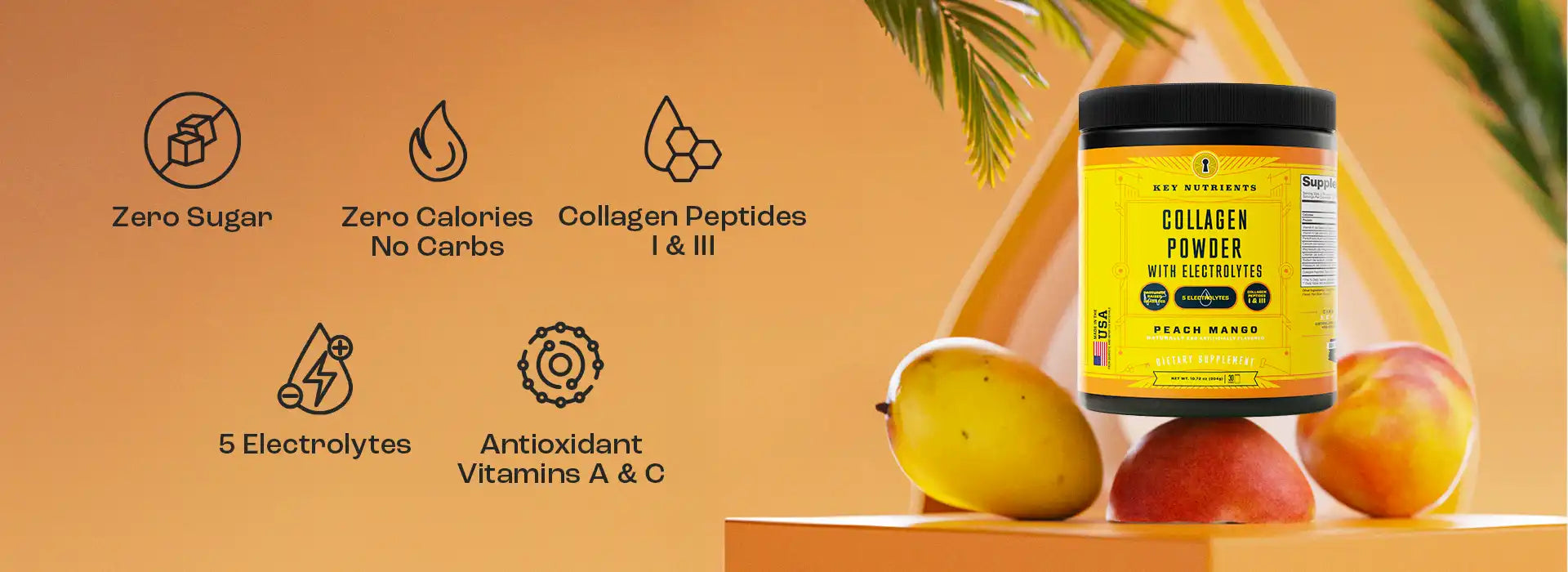 Collagen powder with benefits, next to mangoes, on an abstract background.