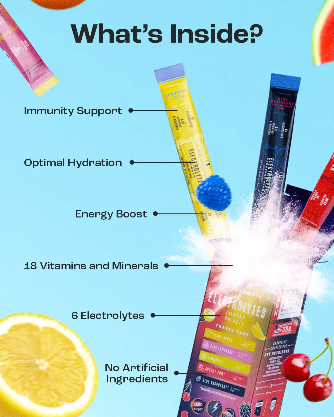 Drink packets with benefits: immunity, hydration, energy, vitamins, electrolytes, and no artificial ingredients.