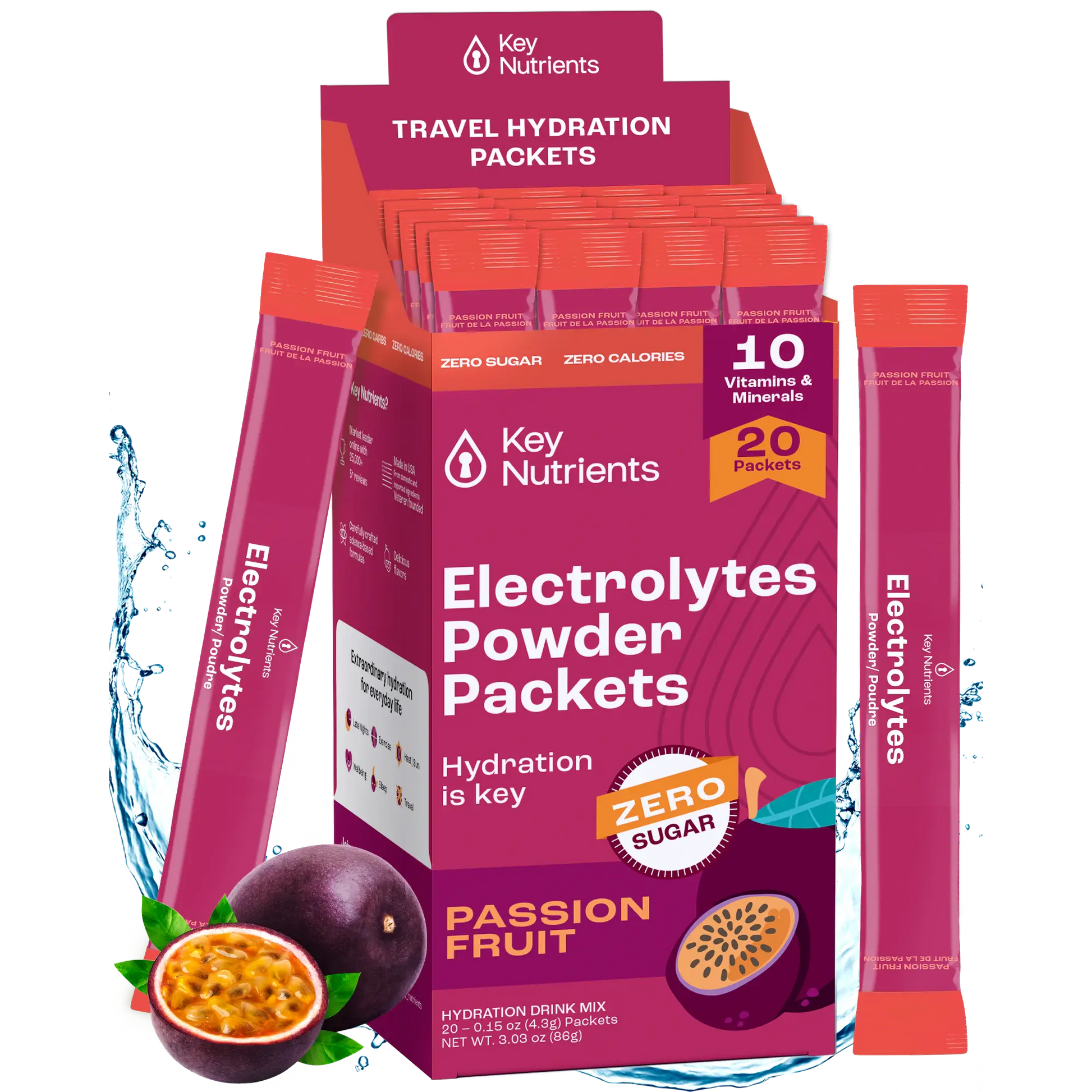 The Electrolyte Recovery Plus Powder (Sugar-Free) with passion fruit offers zero sugar electrolyte packets, ideal for a keto-friendly hydration drink.
